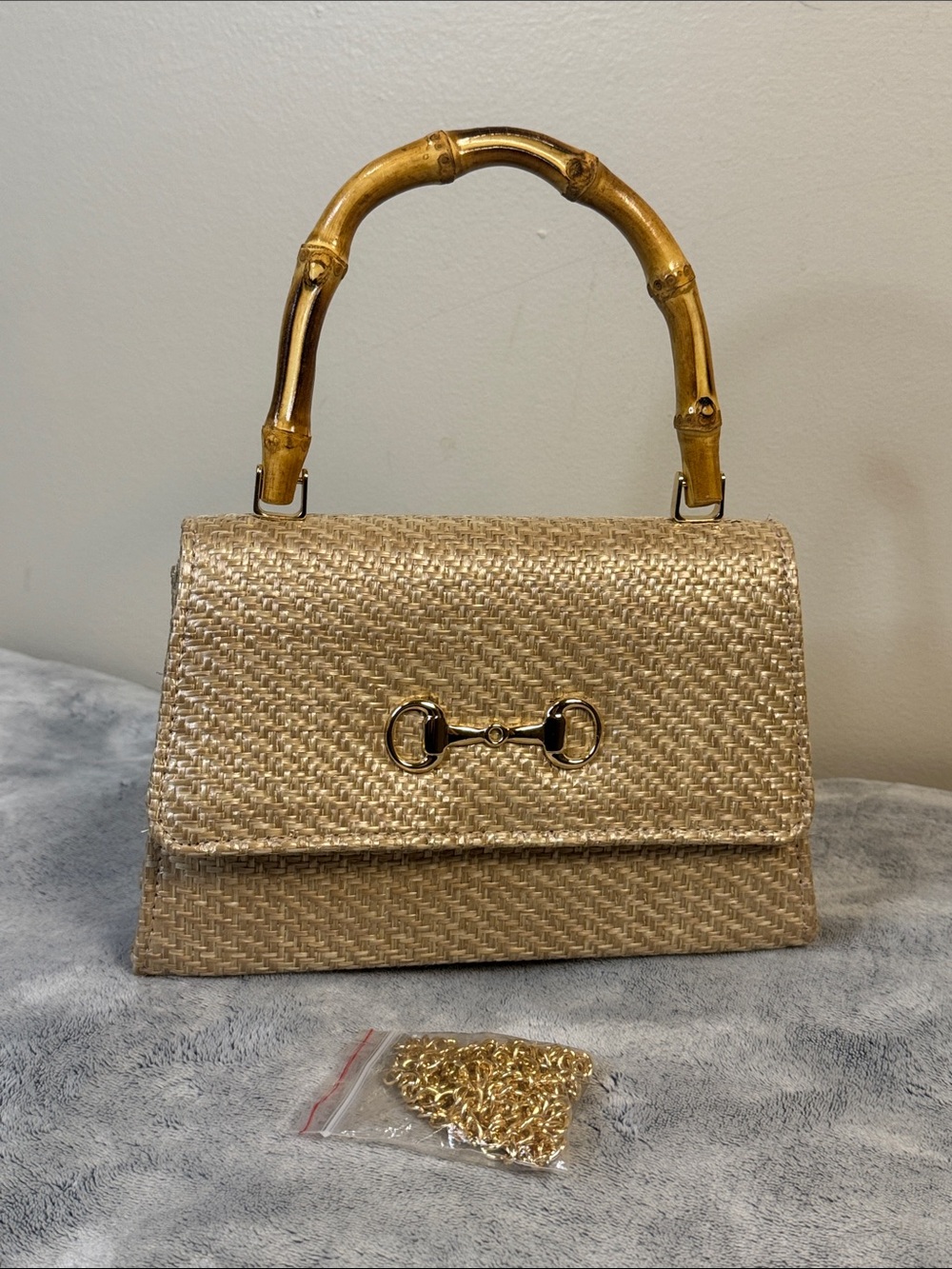 Woven Bamboo Top Handle Bag With Removable Crossbody Chain - Gold Hardware